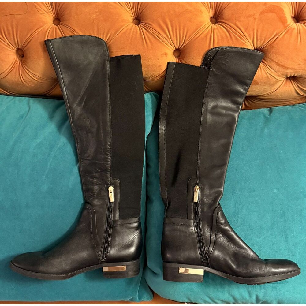 Vince Camuto Pardonal Black Leather Gold Grommet Over The Knee Boots 7.5 M
